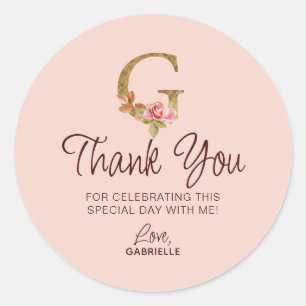 Sticker Rond Monogramme en or de la lettre G Roses roses blush