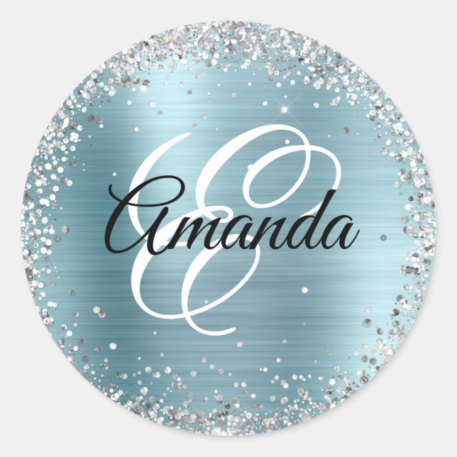 Sticker Rond Monogramme en paillettes argentées et bleu pâle su (Devant)