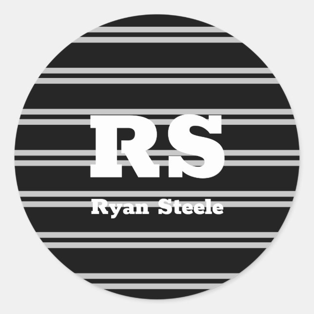 Sticker Rond Monogramme et nom blanc en gras, Lt Gris sur noir (Devant)