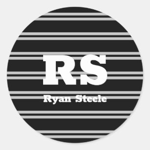 Sticker Rond Monogramme et nom blanc gras, lignes gris clair su