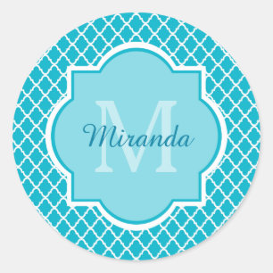 Sticker Rond Monogramme et nom de Quatrefoil bleu turquoise cla