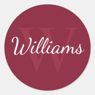 Sticker Rond Monogramme et nom personnalisé Bourgogne rouge