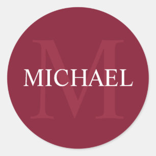 Sticker Rond Monogramme et nom personnalisé Bourgogne rouge