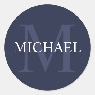 Sticker Rond Monogramme et nom personnalisés Marine Blue