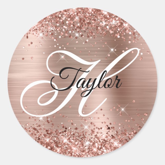 Sticker Rond Monogramme fantaisie métal or Rose (Devant)