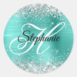Sticker Rond Monogramme fantaisie pailleté argent turquoise