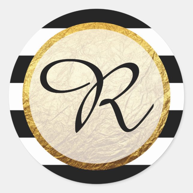 Sticker Rond Monogramme Faux Gold Black White Strig (Devant)