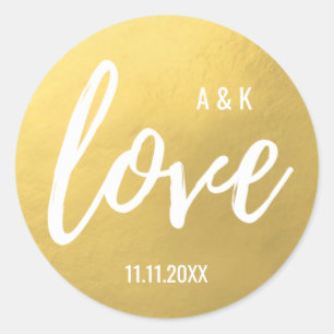 Sticker Rond Monogramme Faux Gold Foil LOVE Script Mariage noir