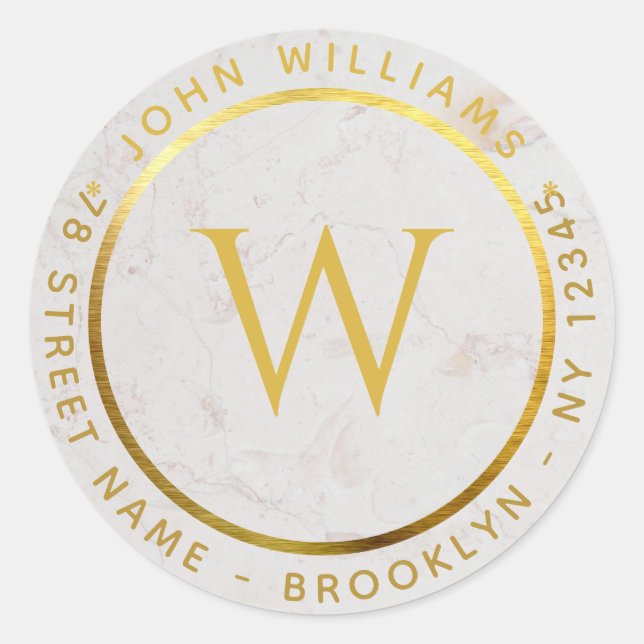 Sticker Rond Monogramme Faux Gold Marble Circulaire Adresse de  (Devant)