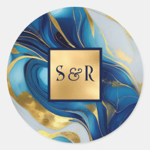 Sticker Rond Monogramme Faux Mariage marbré or, bleu et blanc
