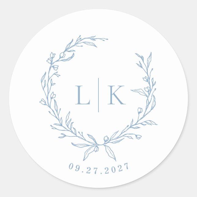 Sticker Rond Monogramme feuille Dusty Mariage bleu (Devant)