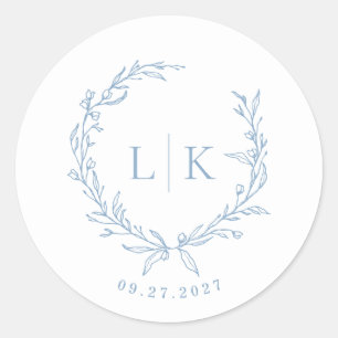 Sticker Rond Monogramme feuille Dusty Mariage bleu