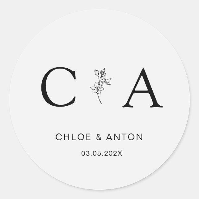 Sticker Rond Monogramme, Fleur Line-Art, Mariage, Gris clair (Devant)