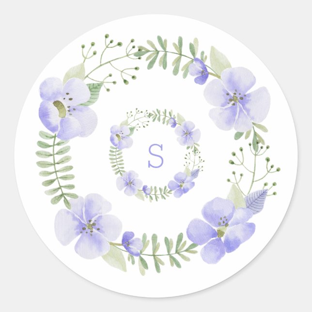 Sticker Rond Monogramme Floral Aquarelle Élégant Violet (Devant)