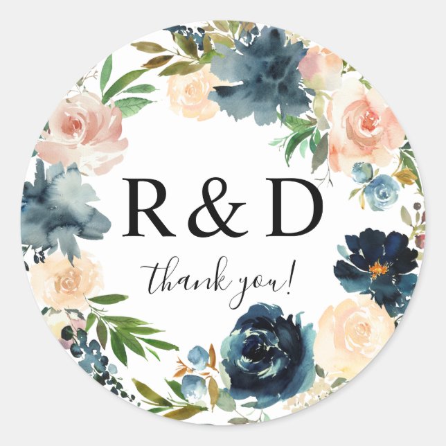 Sticker Rond Monogramme floral bleu marine et rose - (Devant)