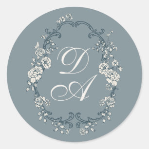 Sticker Rond Monogrammé Floral Bleu Poussiéreux