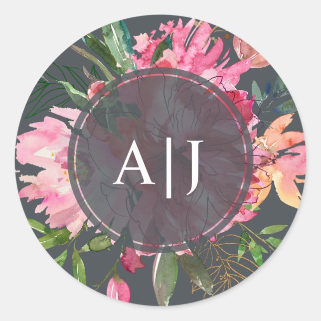 Sticker Rond Monogramme floral botanique de pivoine rose rubis (Devant)