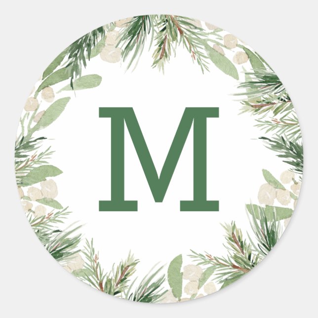 Sticker Rond Monogramme floral d'aquarelle d'hiver (Devant)