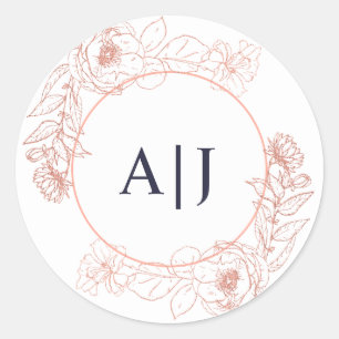 Sticker Rond Monogramme floral de mariage de rose d'or élégant