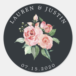 Sticker Rond monogramme floral élégant en fleurs de minuit Stic