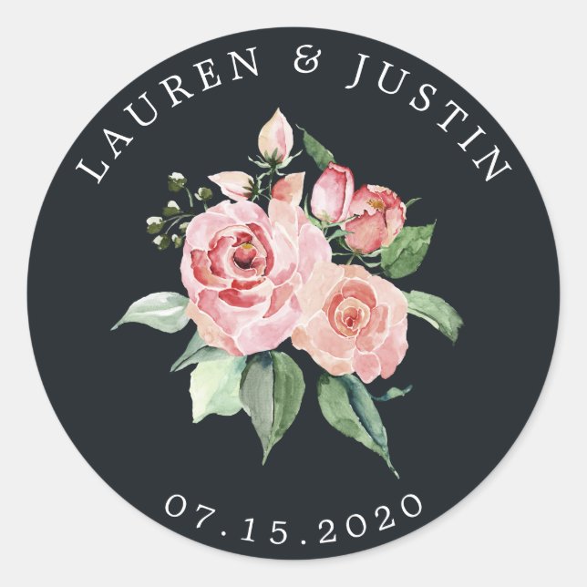 Sticker Rond monogramme floral élégant en fleurs de minuit Stic (Devant)