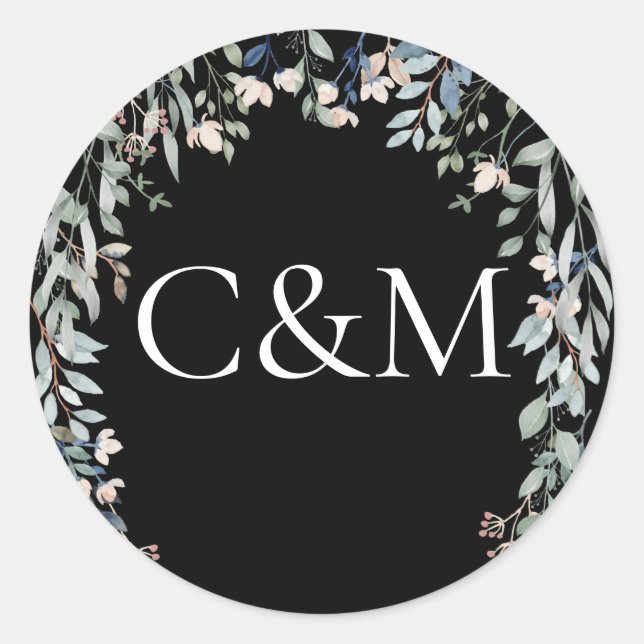 Sticker Rond Monogramme Floral fleur sauvage noir et blanc (Devant)