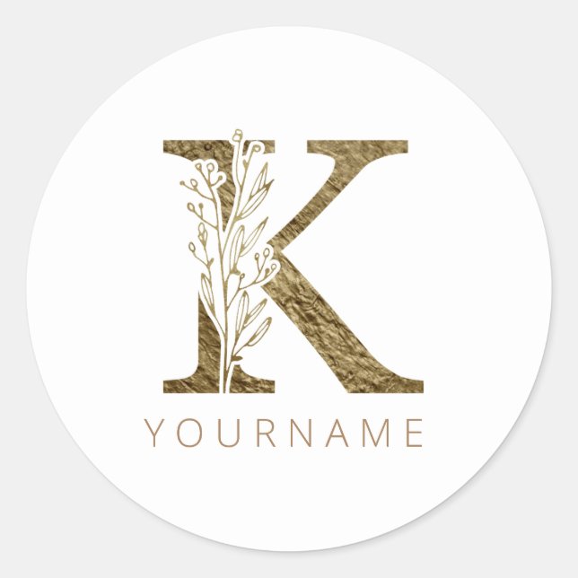 Sticker Rond Monogramme Floral K Élégant Liquide Or (Devant)