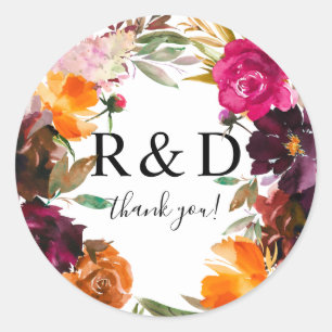 Sticker Rond Monogramme floral orange, rose chaud et violet à a
