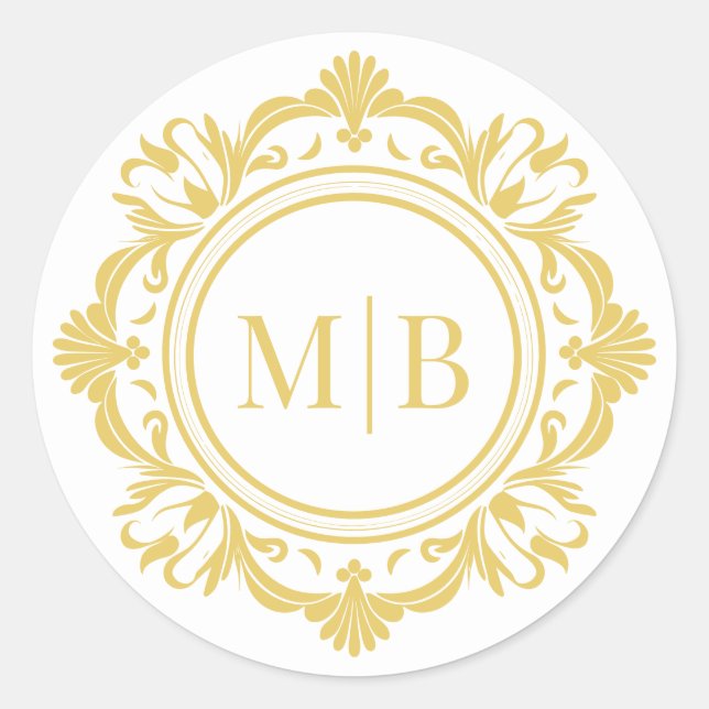 Sticker Rond Monogramme floral orné Mariage or élégant (Devant)