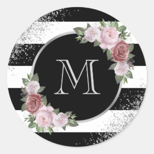 Sticker Rond Monogramme floral rose argent noir