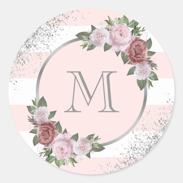 Sticker Rond Monogramme floral rose argenté (Devant)