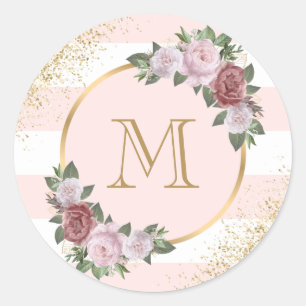 Sticker Rond Monogramme floral rose blush or