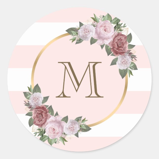 Sticker Rond Monogramme floral rose or initial (Devant)