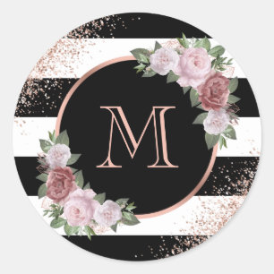 Sticker Rond Monogramme floral rose Rose noir