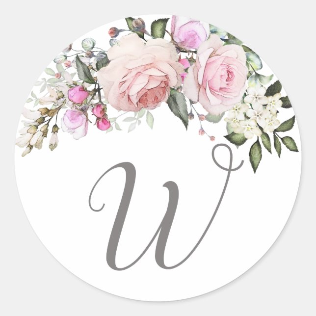 Sticker Rond Monogramme floral rose vif (Devant)