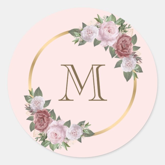 Sticker Rond Monogramme floral rose vif initial (Devant)