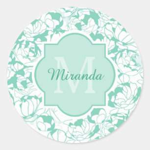 Sticker Rond Monogramme Floral Vert Mint Moderne Avec Nom
