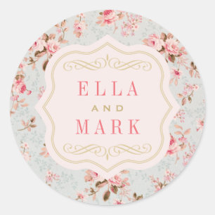 Sticker Rond Monogramme Floral Vintage Rose et Or