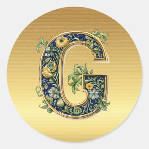 Sticker Rond Monogramme G, motif floral sur or,