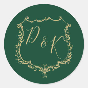 Sticker Rond Monogramme Gold Crest et Mariage vert de forêt