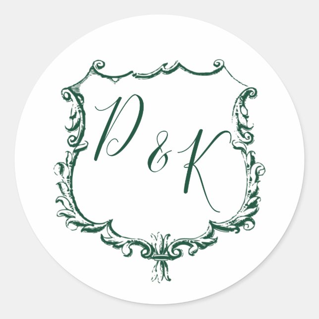 Sticker Rond Monogramme Gold Crest et Mariage vert de forêt (Devant)