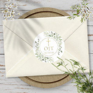 Sticker Rond Monogramme Gold Cross Initiales Verdure