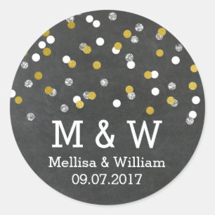 Sticker Rond Monogramme Gold Silver Confetti Mariage Favor Tags