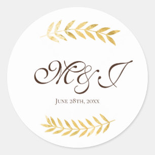Sticker Rond Monogramme Golden Branches Feuilles et Dark Brown