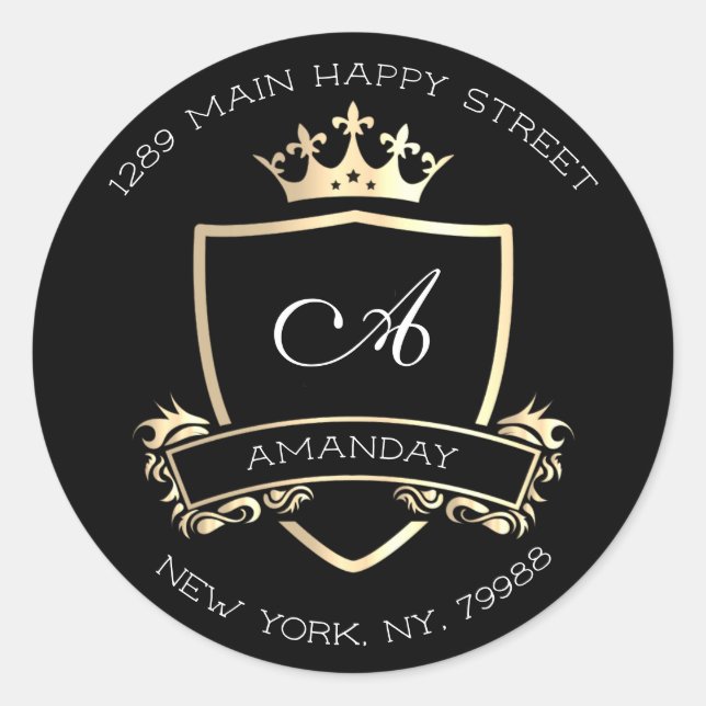 Sticker Rond Monogramme Golden Crown Royal RSVP Adresse de reto (Devant)