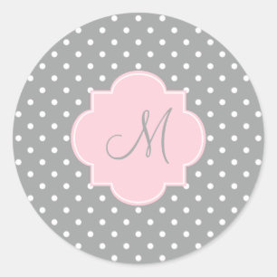 Sticker Rond Monogramme Gris, Blanc et Pastel Pink Polka Dot