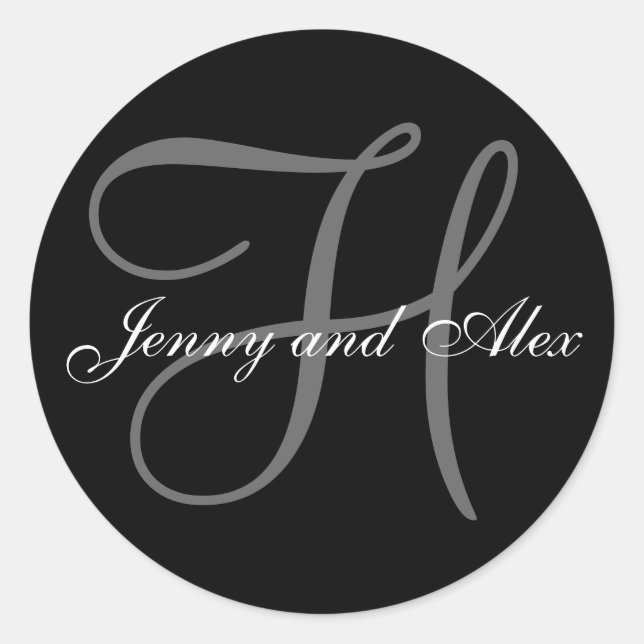 Sticker Rond Monogramme gris noir H Mariée Noms de la mariée Ma (Devant)