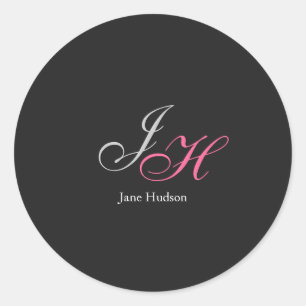 Sticker Rond Monogramme gris noir Nom Lettres initiales Script