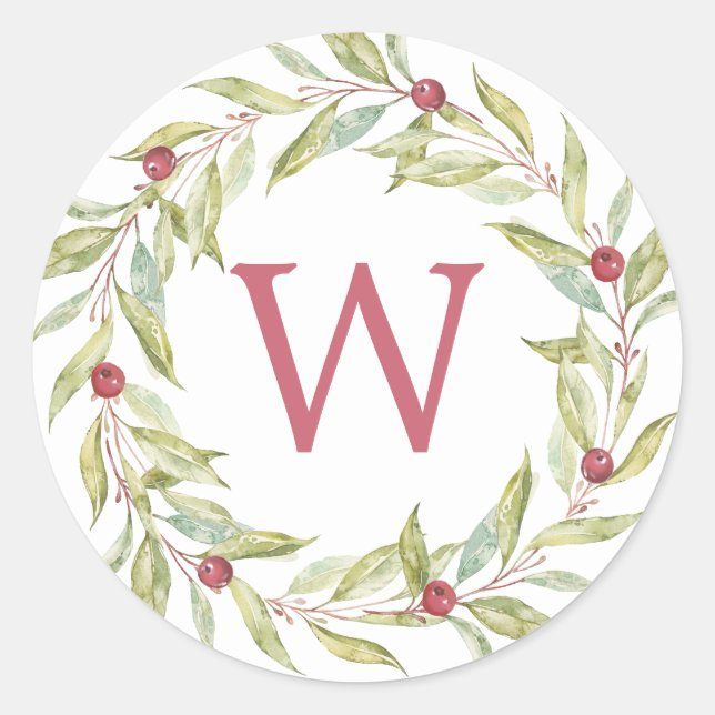 Sticker Rond Monogramme Hiver Verdure Feuilles Berries Noël (Devant)