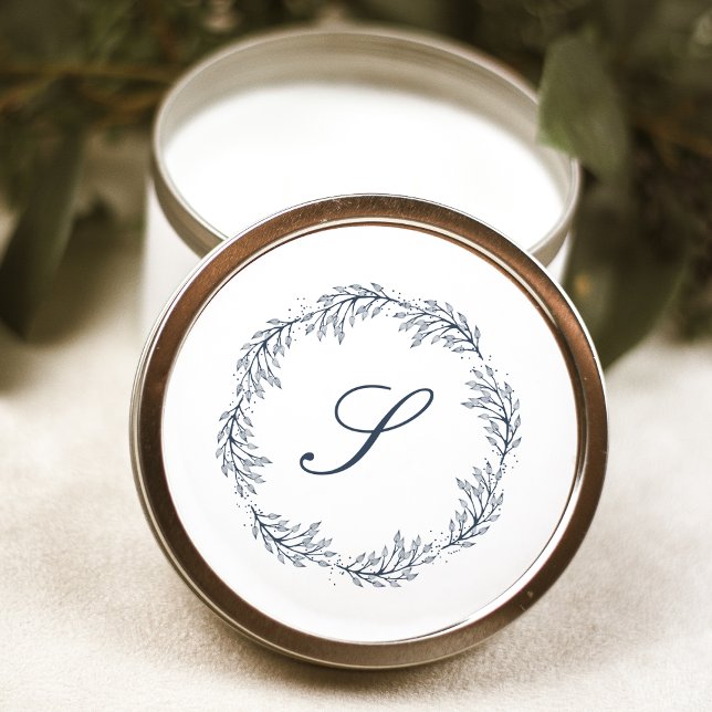 Sticker Rond Monogramme Indigo Blue Wreath Classic Script Maria (Créateur téléchargé)